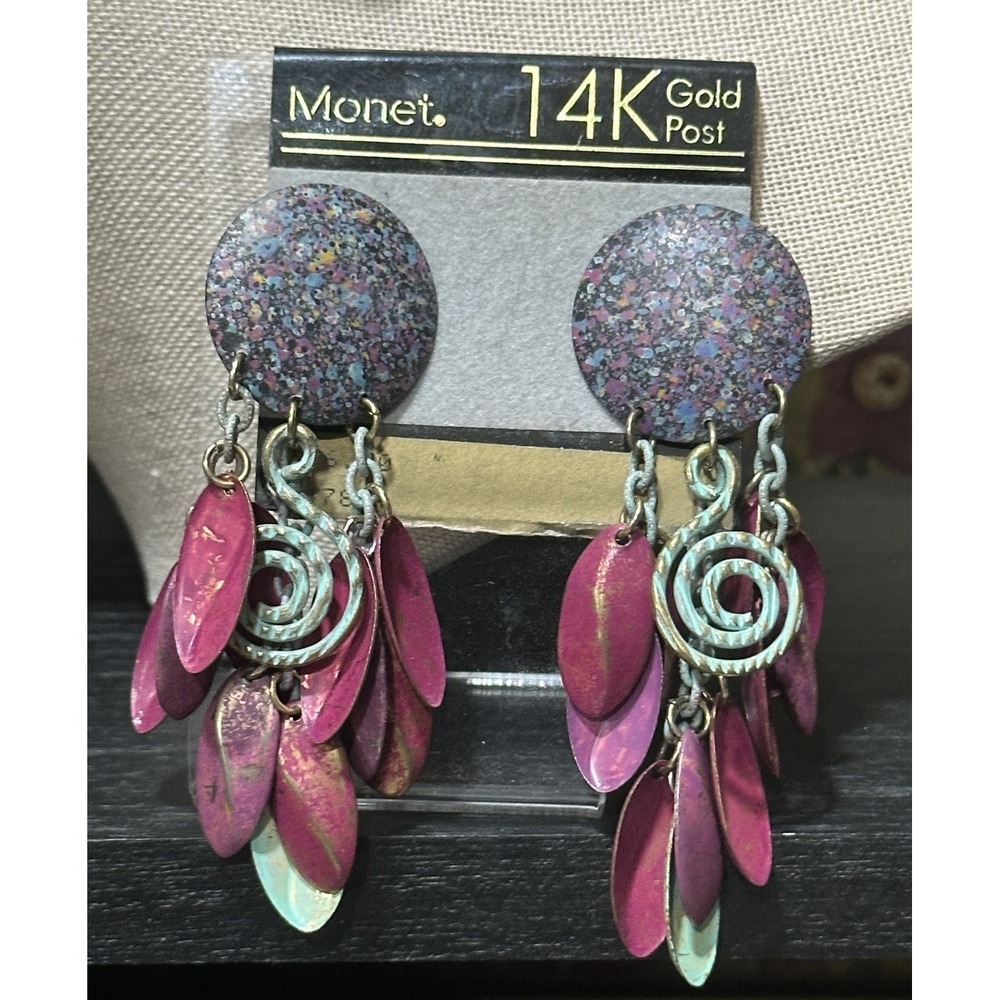 Monet Post Colorful Purple Enamel Dangle Earrings with Textured Disc and Spiral